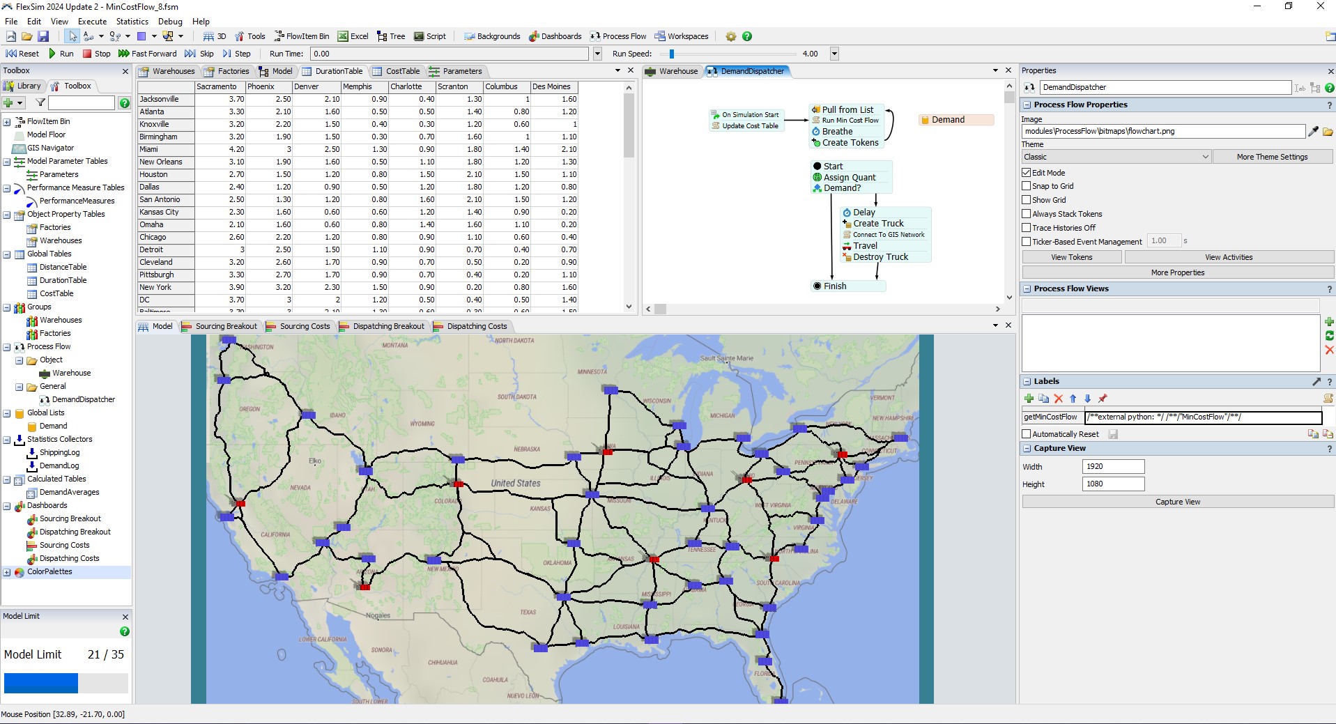 Modello di ottimizzazione della Supply Chain aperto in FlexSim, con visualizzazione della rete di distribuzione tra fabbriche e magazzini.
Supply Chain optimization model open in FlexSim, displaying the distribution network between factories and warehouses.